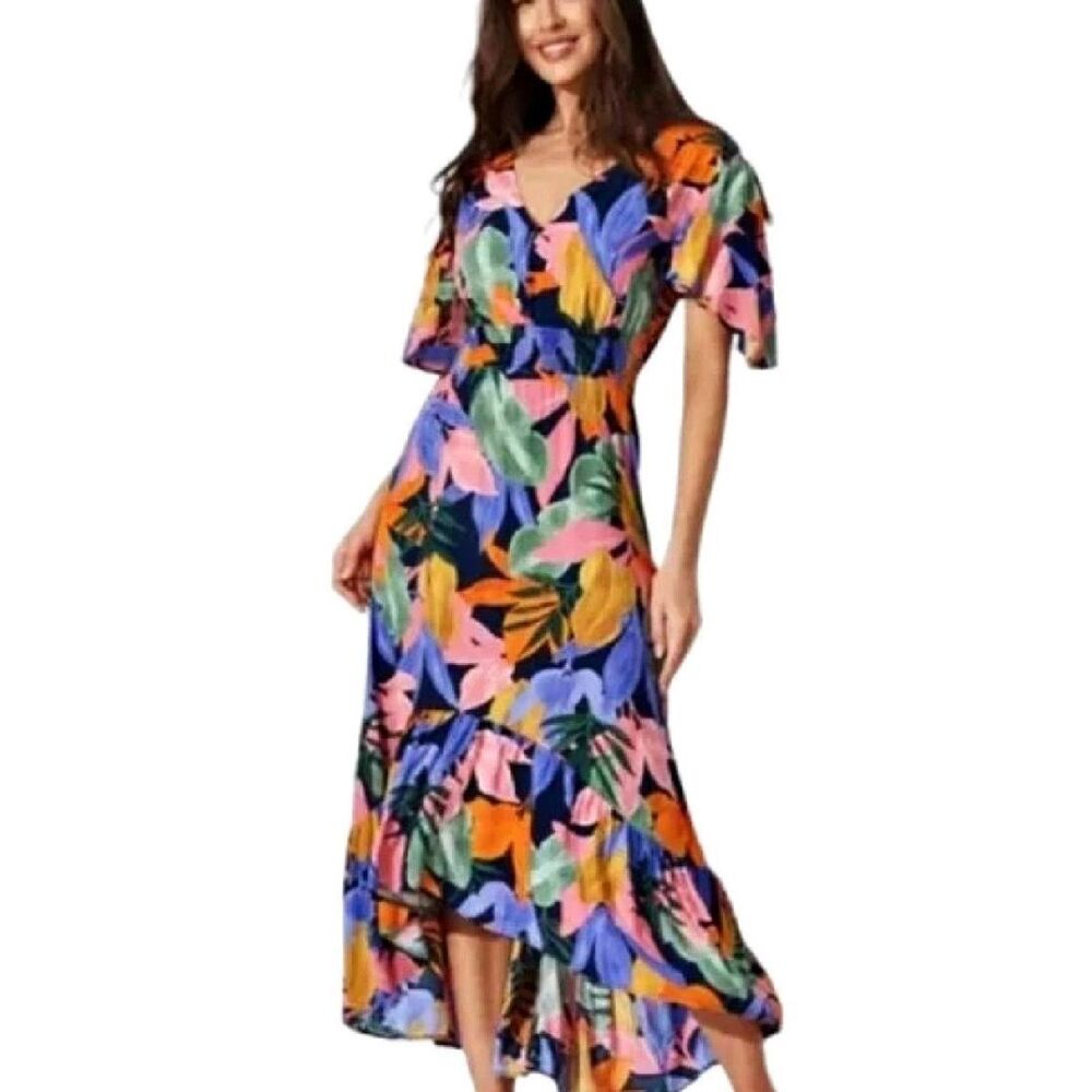 Abel The Label Womens Tropical Flutter Sleeve‎ Hi-Low Dress Multicolor Medium